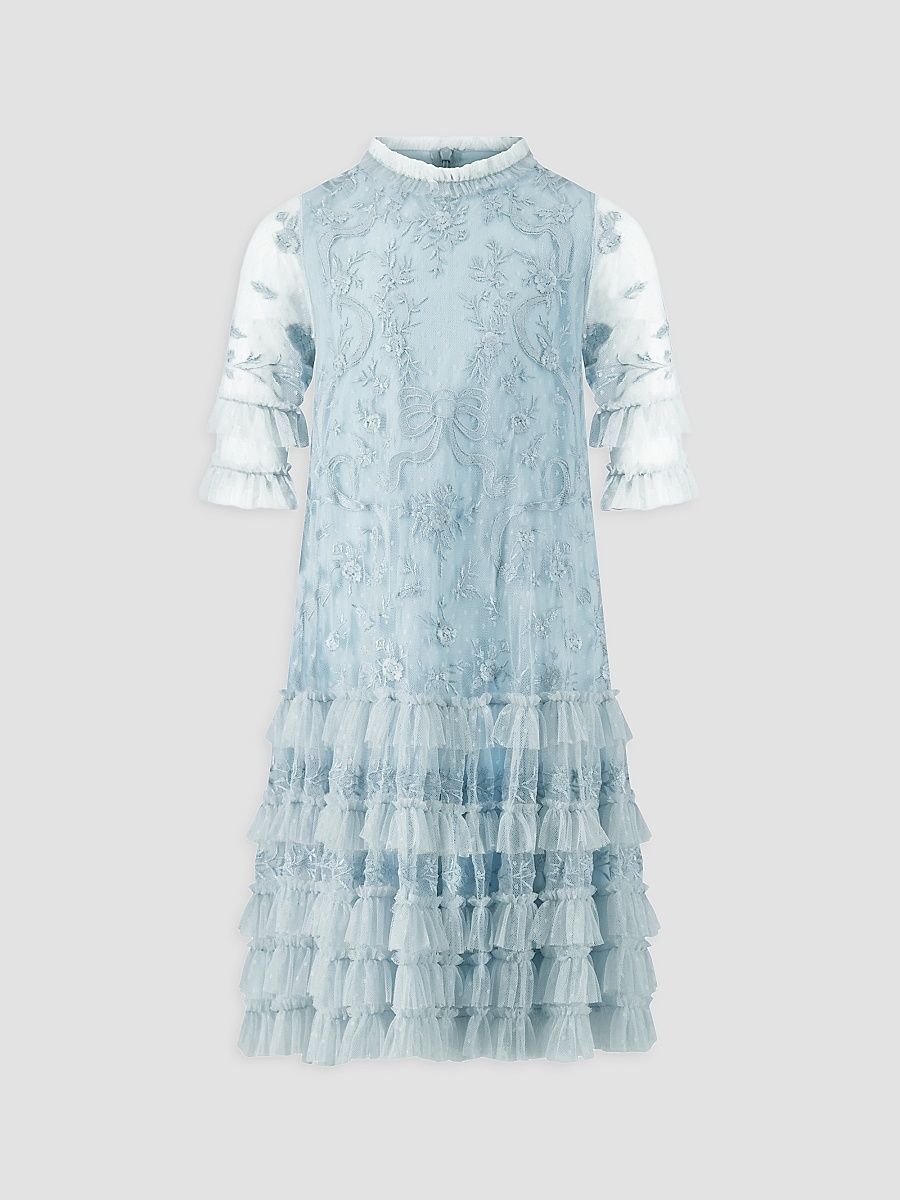 Little Girl's & Girl's Embroidered Ruffle-Trimmed Dress - Powder Blue - Size 14