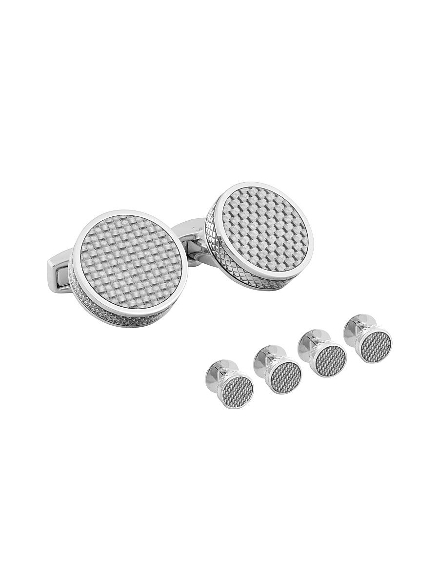 Men's Round Patterned Carbon Fiber Stud Set - Grey