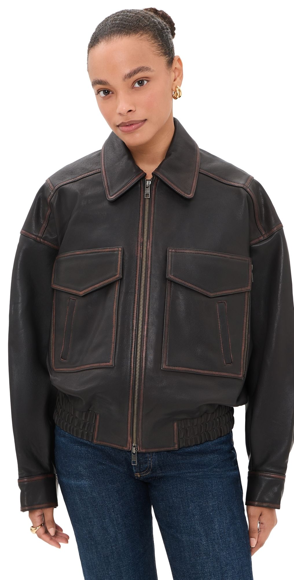 STAUD Eugene Leather Jacket Distressed Brown M