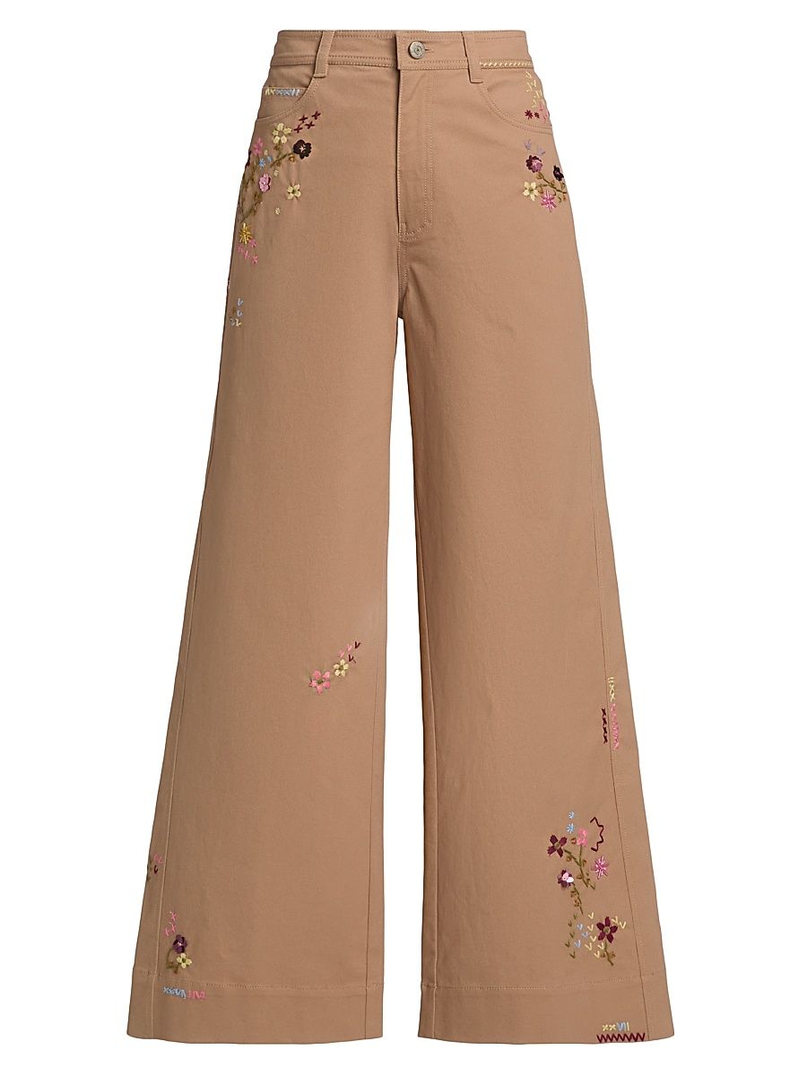 Women's Betsy Wildflower-Embroidered Wide-Leg Crop Pants - Brown Sandstone - Size 00