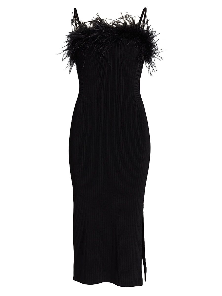 Women's Robena Feather-Trimmed Ribbed Midi-Dress - Black - Size XL