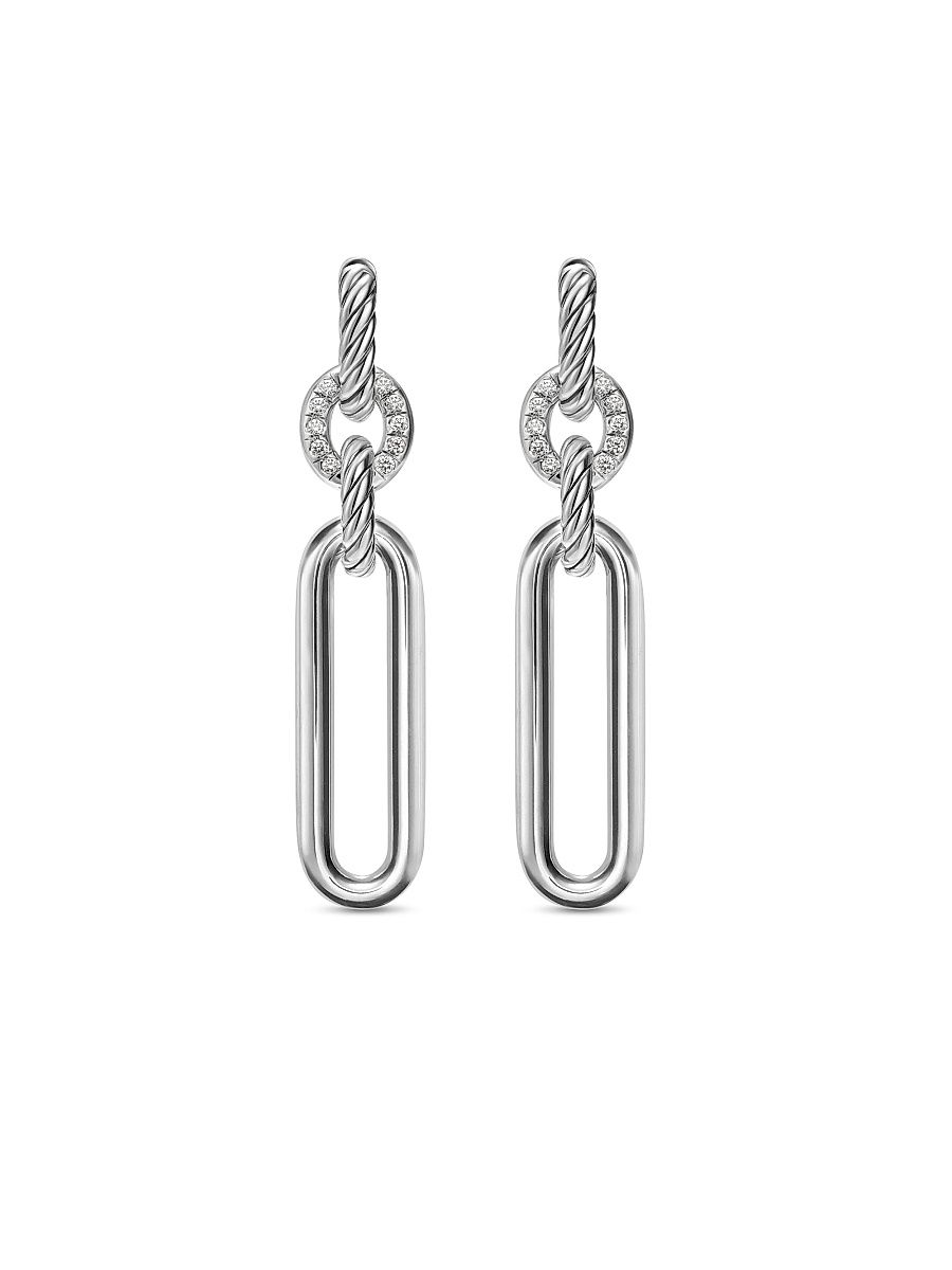 Women's Lexington Double Link Drop Earrings in Sterling Silver with Diamonds, 54MM - Diamond