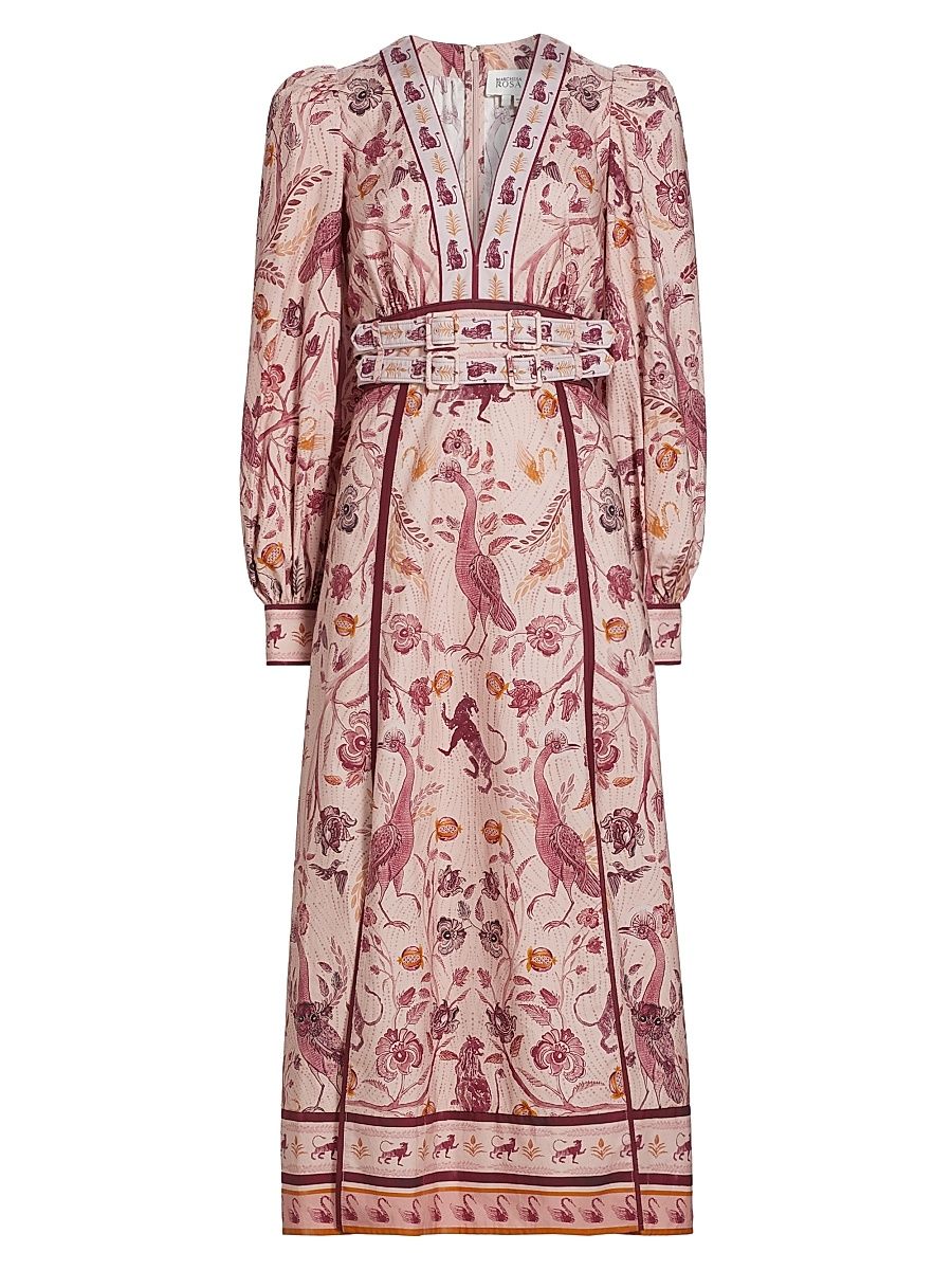 Women's Printed Cotton Belted Midi-Dress - Pink Multi - Size 14