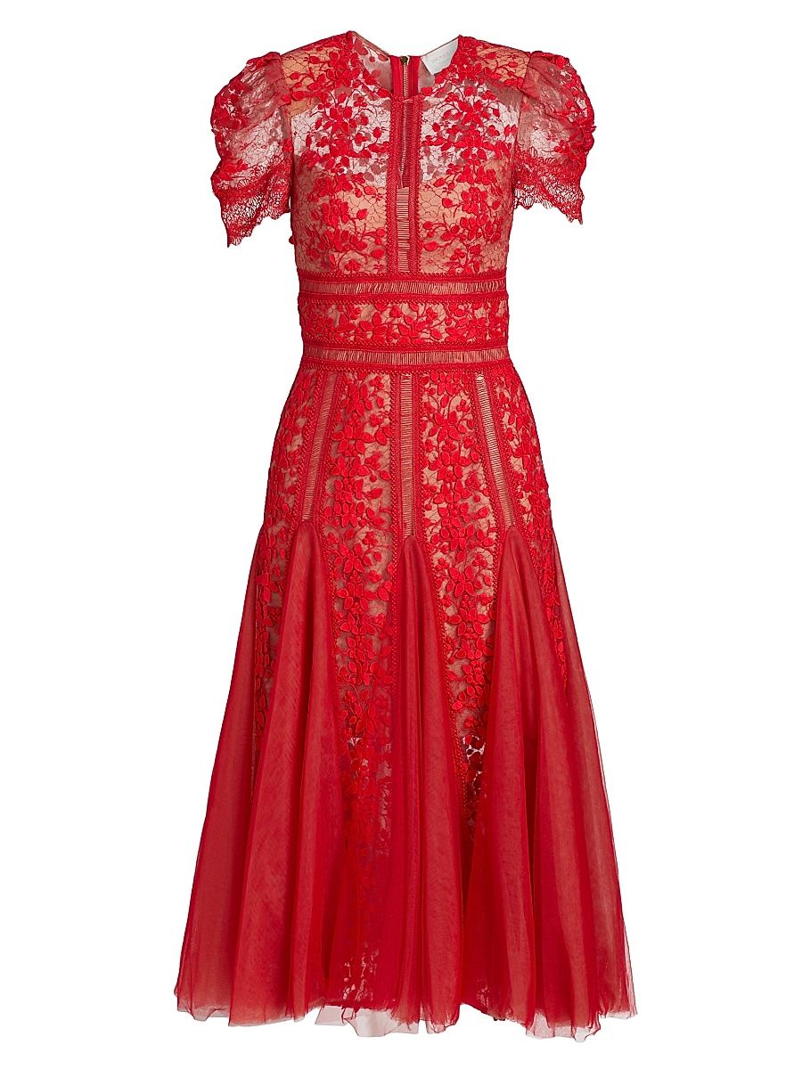 Women's Megan Lace Short-Sleeve Midi-Dress - Red - Size Small