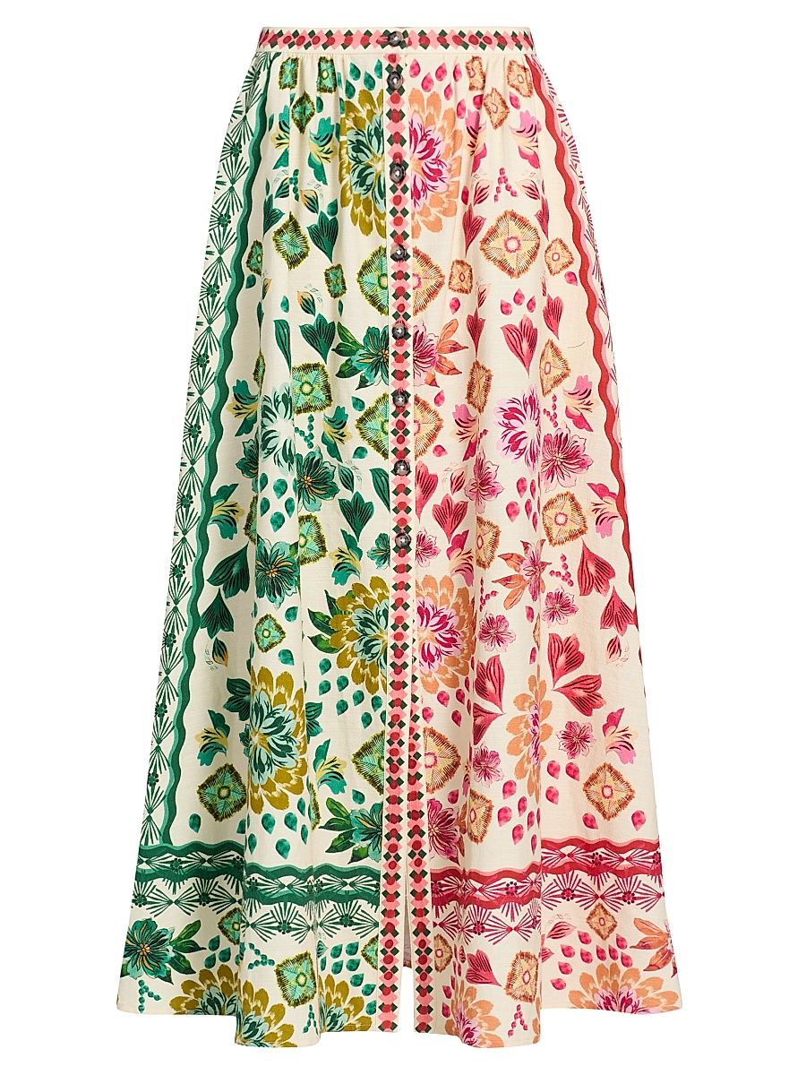 Women's Judi Two-Tone Floral Cotton Midi-Skirt - Sunrise Gem - Size 8