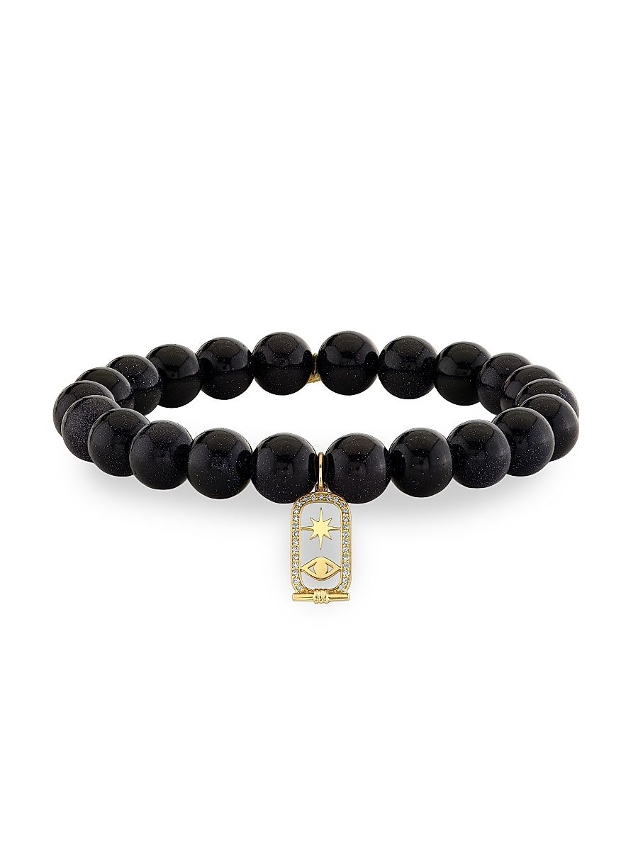 Women's Sunset Observatory 14K Yellow Gold, Blue Goldstone & 0.08 TCW Diamond Beaded Stretch Bracelet - Gold Blue