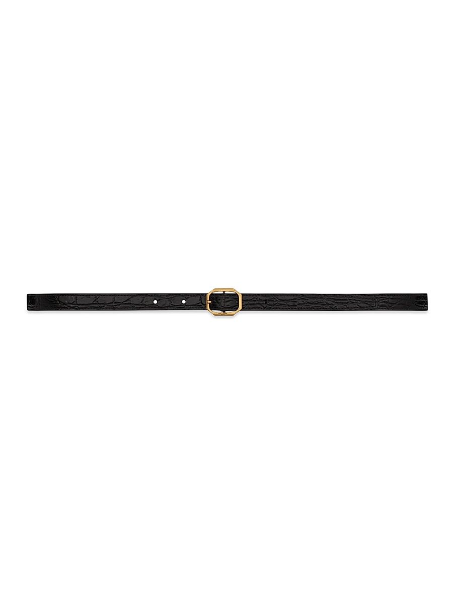 Saint Laurent Women's Frame Buckle Thin Belt in Crocodile-Embossed Leather - Nero - Size 38