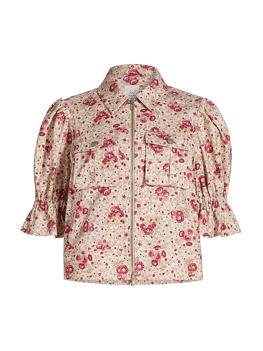 Women's Holly Floral Stretch-Cotton Puff-Sleeve Jacket - Cherry Rose Multi - Size Small