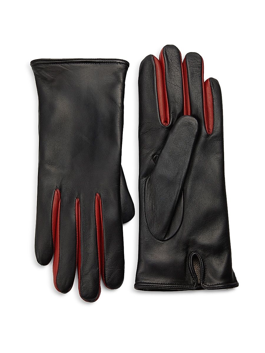 Women's Contrast-Fourchette Leather Gloves - Black Red - Size 7