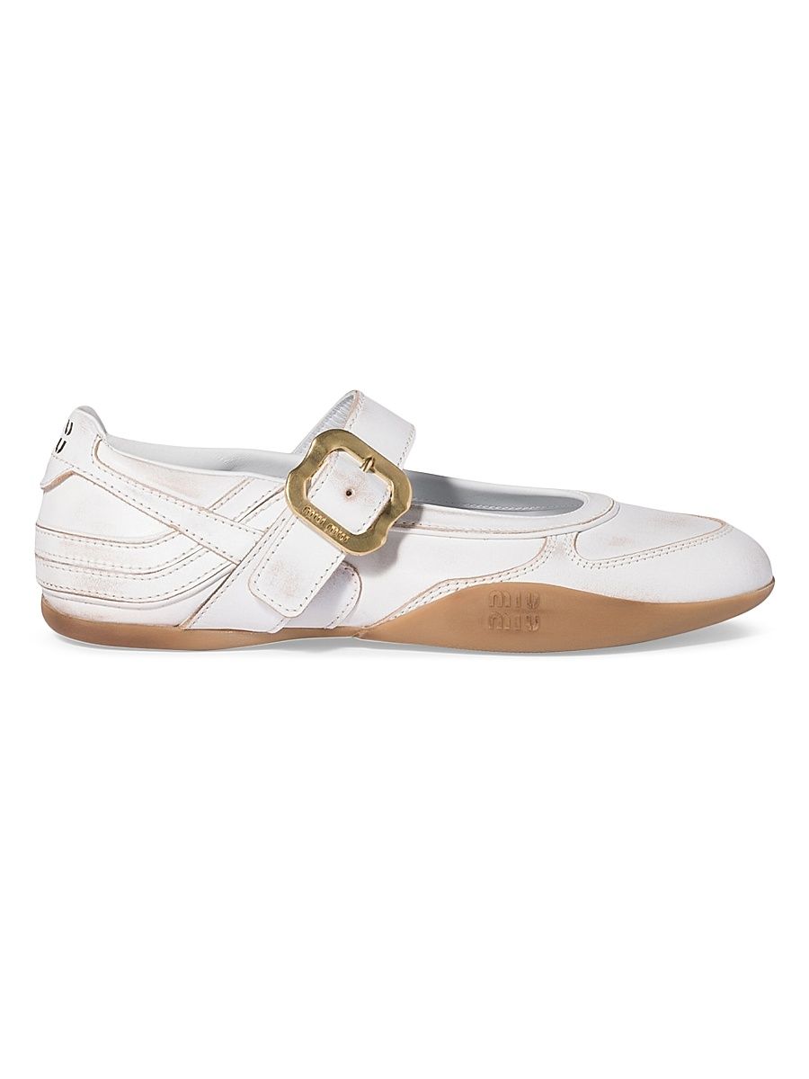 Women's Gymnasium Leather Ballerinas with Strap and Buckle - White - Size 7