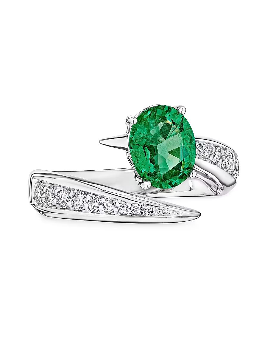 Women's 18K White Gold, Emerald & 0.358 TCW Diamond Bypass Ring - White Gold - Size 7