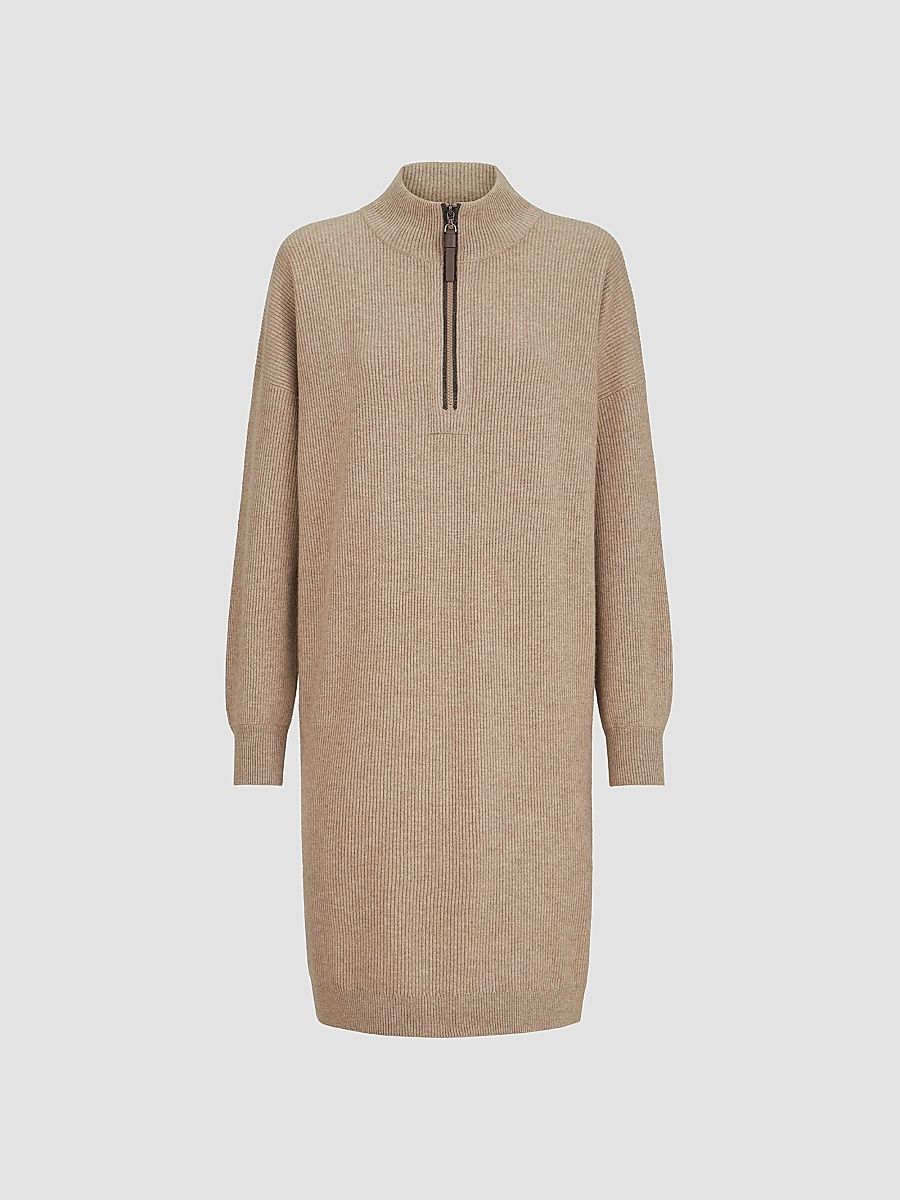 Women's Virgin Wool, Cashmere and Silk Rib Knit Dress with Precious Half Zip - Beige - Size XXXL