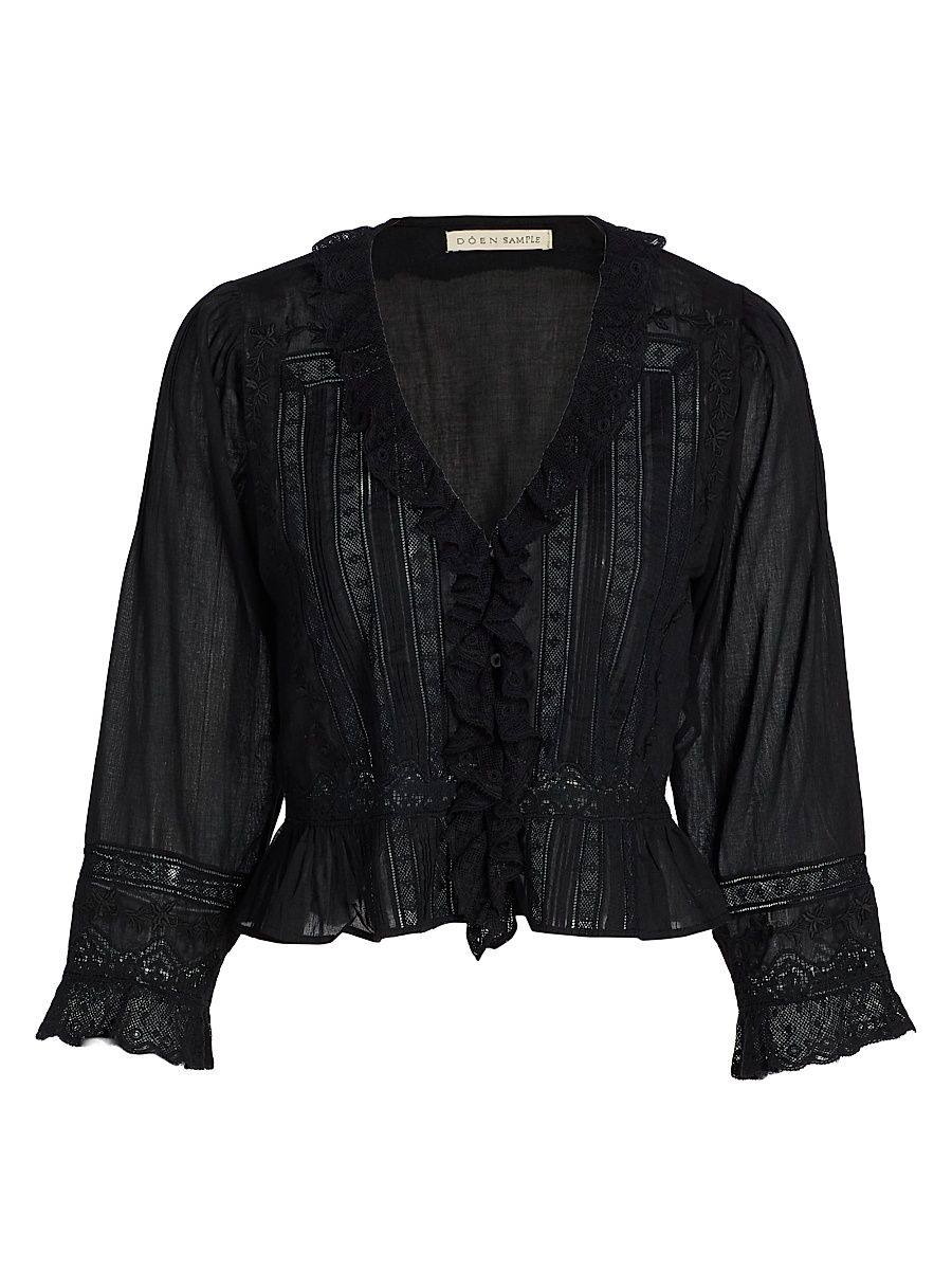 Women's Eldoris Lace-Trim Cotton V-Neck Blouse - Black - Size XS