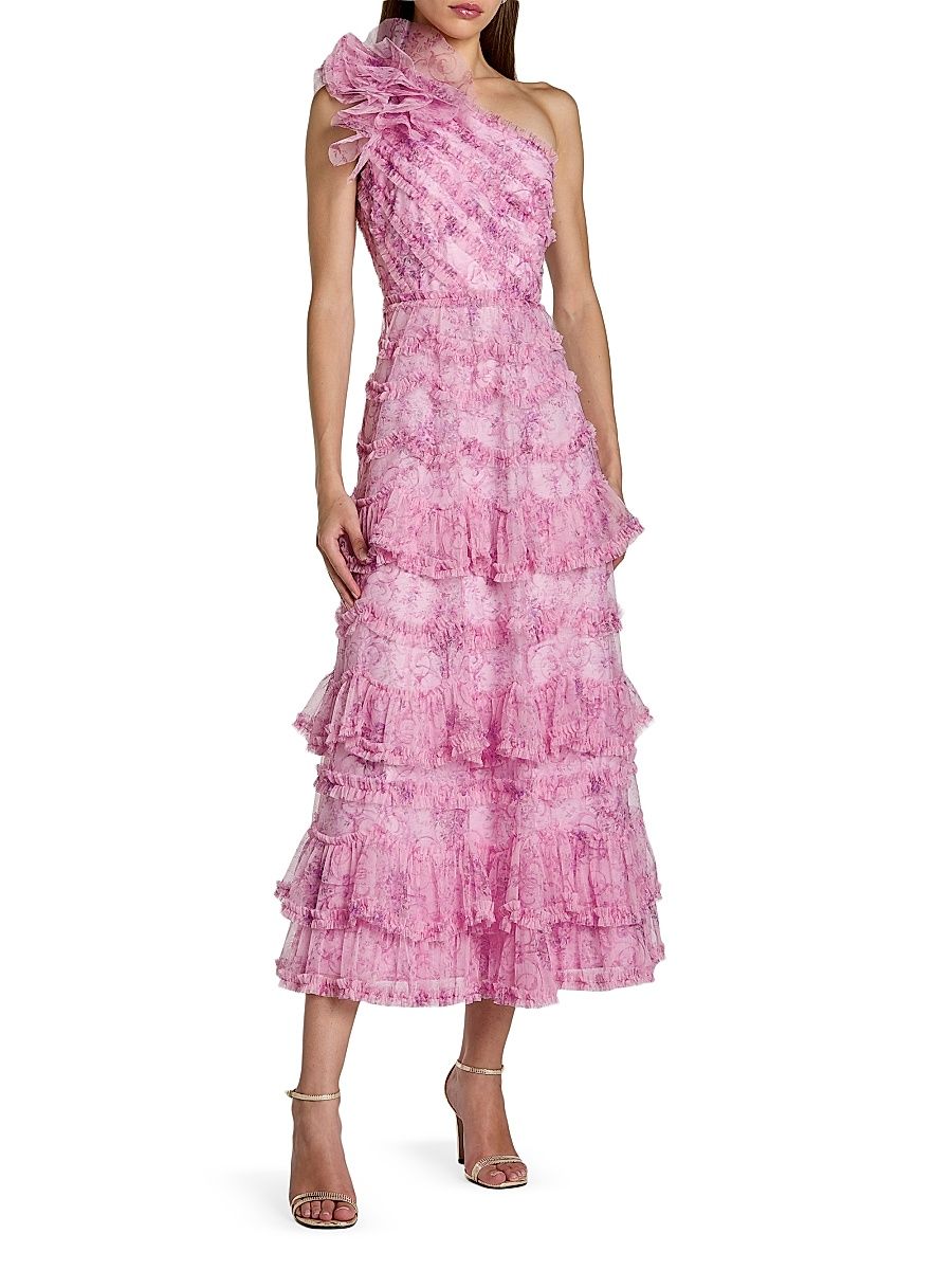 Women's Baroque Mesh Ruffled One-Shoulder Midi-Dress - Pastel Multi - Size 12