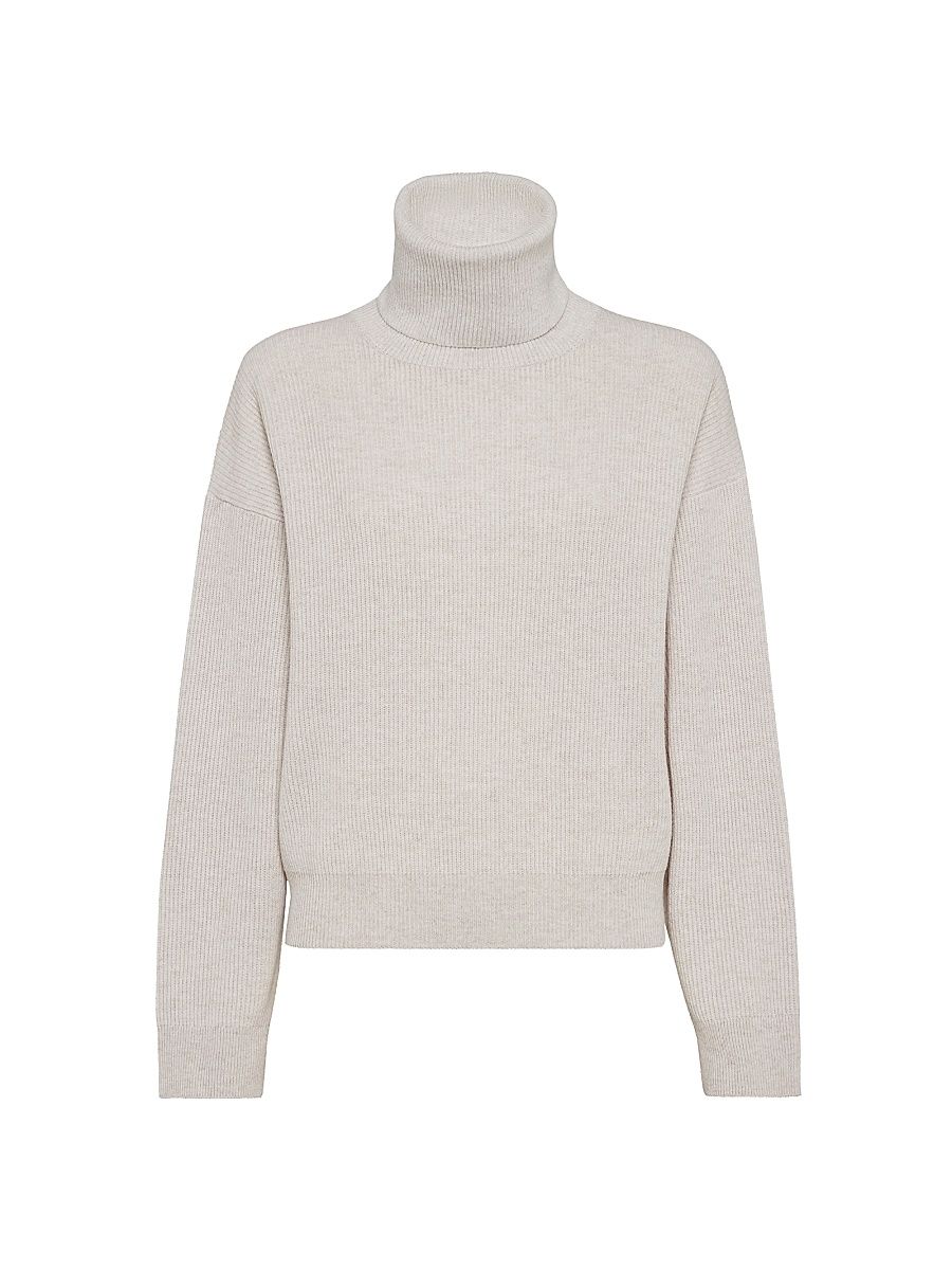 Women's Virgin Wool Cashmere and Silk English Rib Turtleneck Sweater - Cool Beige - Size XXXL