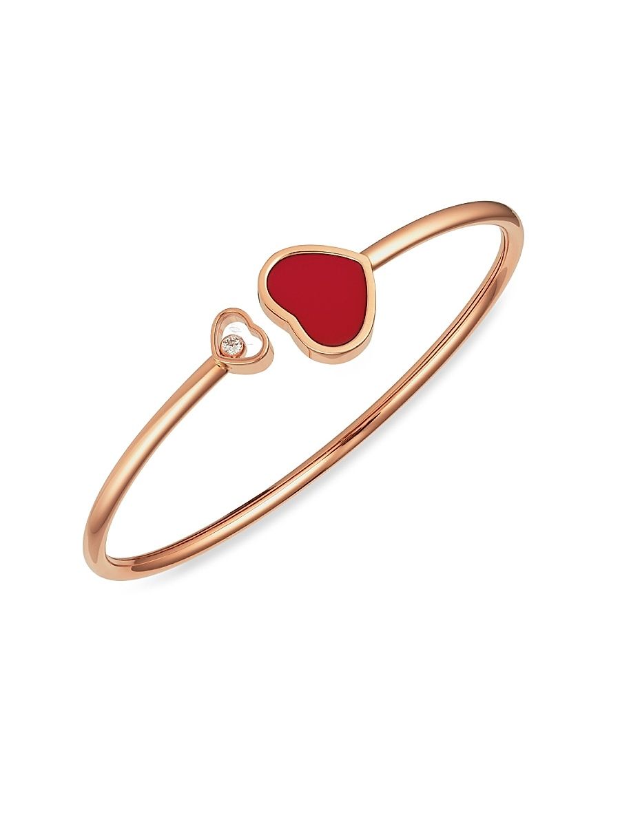 Women's Happy Hearts 18K Rose Gold, Diamond & Red Stone Bangle - Rose Gold - Size Medium