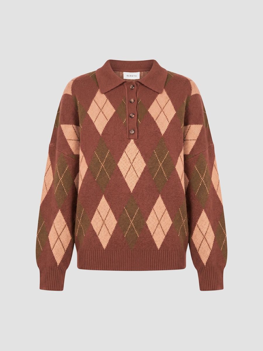 SEROYA Women's Glindy Argyle Polo Sweater - Copper Clay Argyle - Size Large