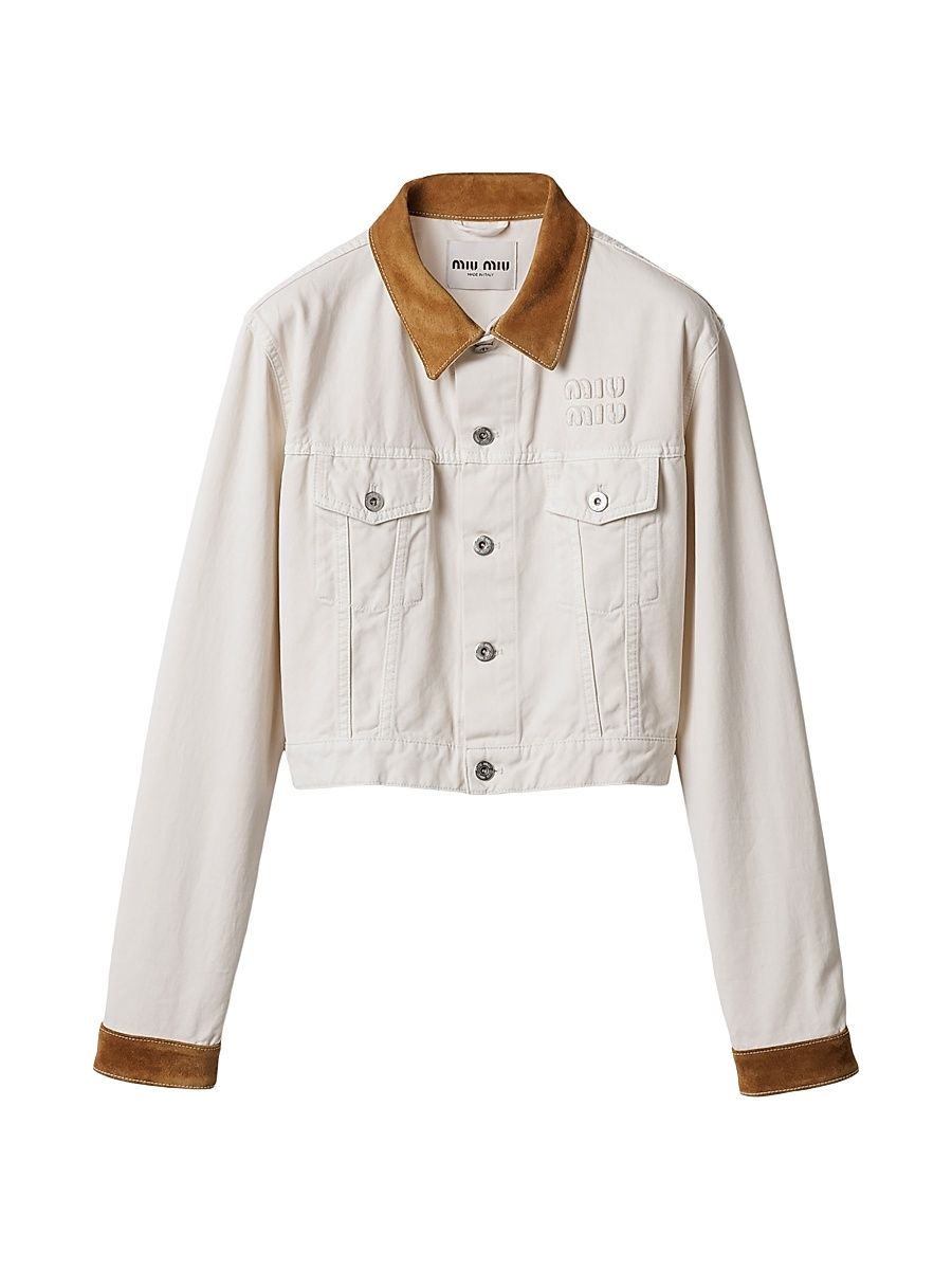 Women's Denim and Leather Blouson Jacket - White - Size 10