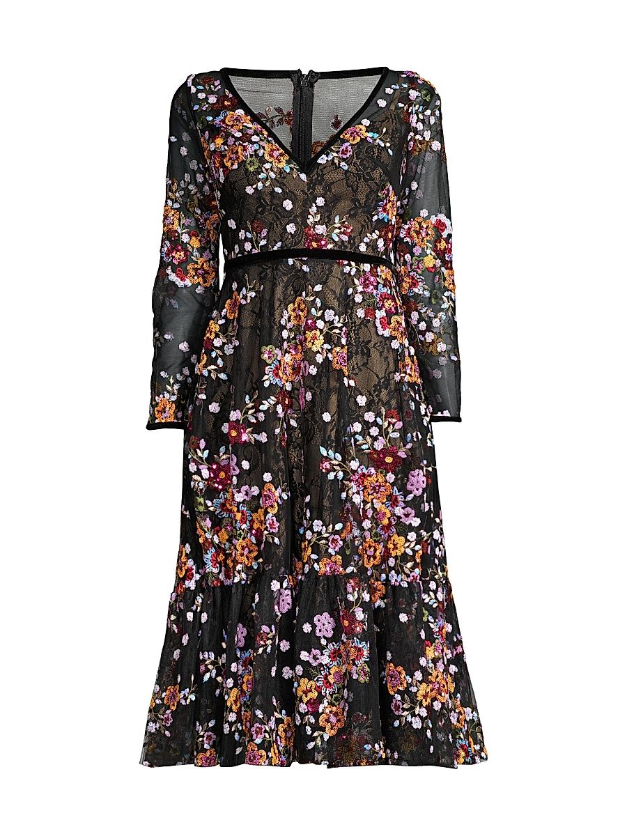 Women's Embroidered Floral Lace Tea Dress - Black Multi - Size 16