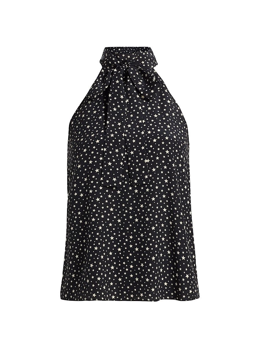 Women's Alla Star-Print Silk Halterneck Tank - Black Ivory Star - Size 0
