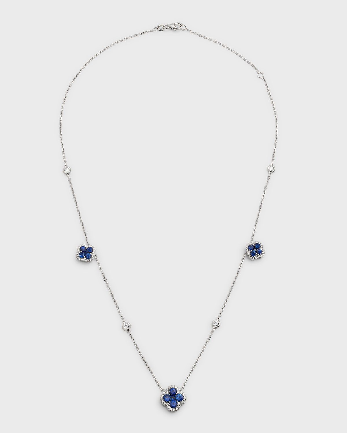 18K White Gold Blue Sapphire Flower and Diamond Station Necklace, 18"L, 3.38tcw