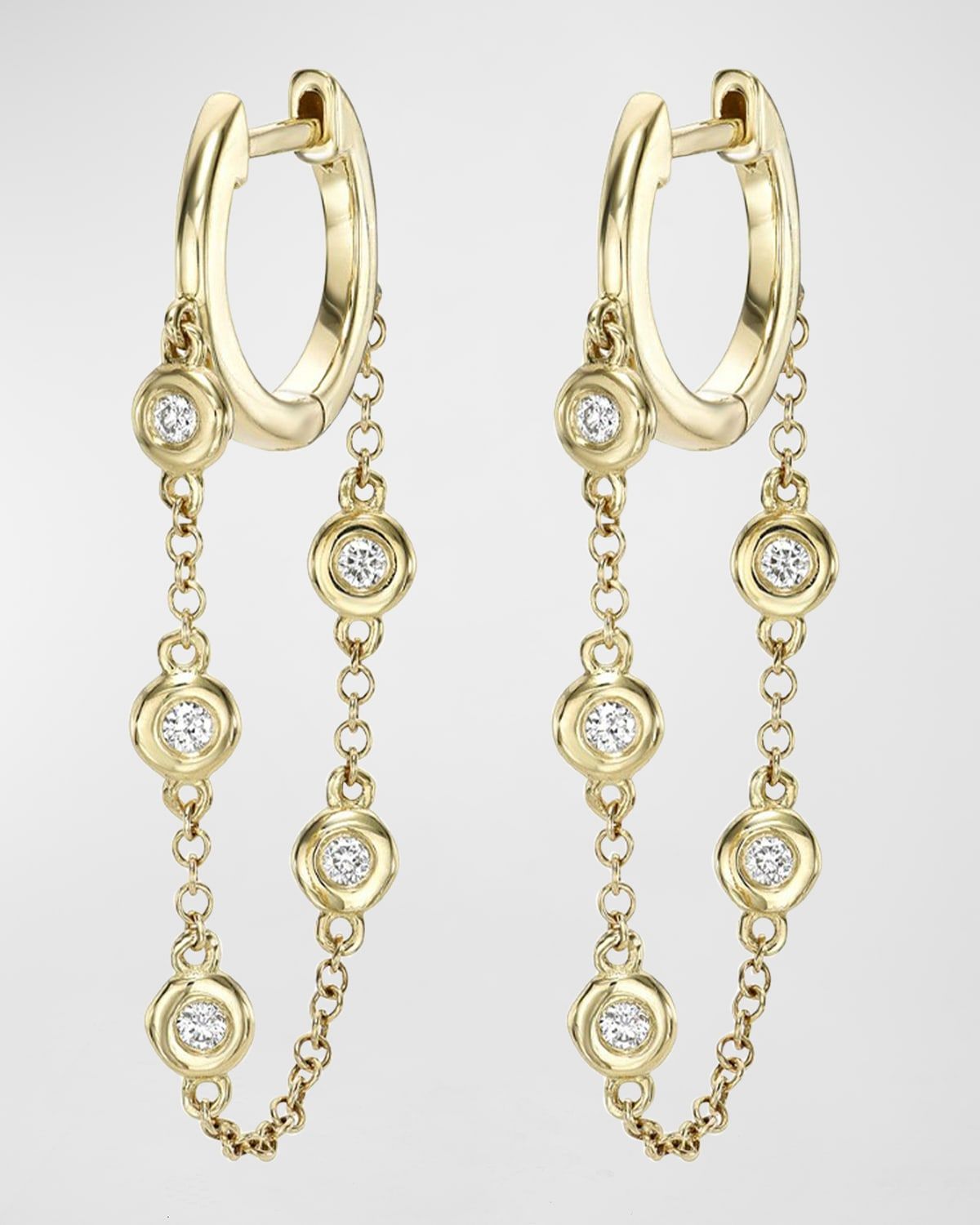 Gold Huggie Earrings with Bezel Chain