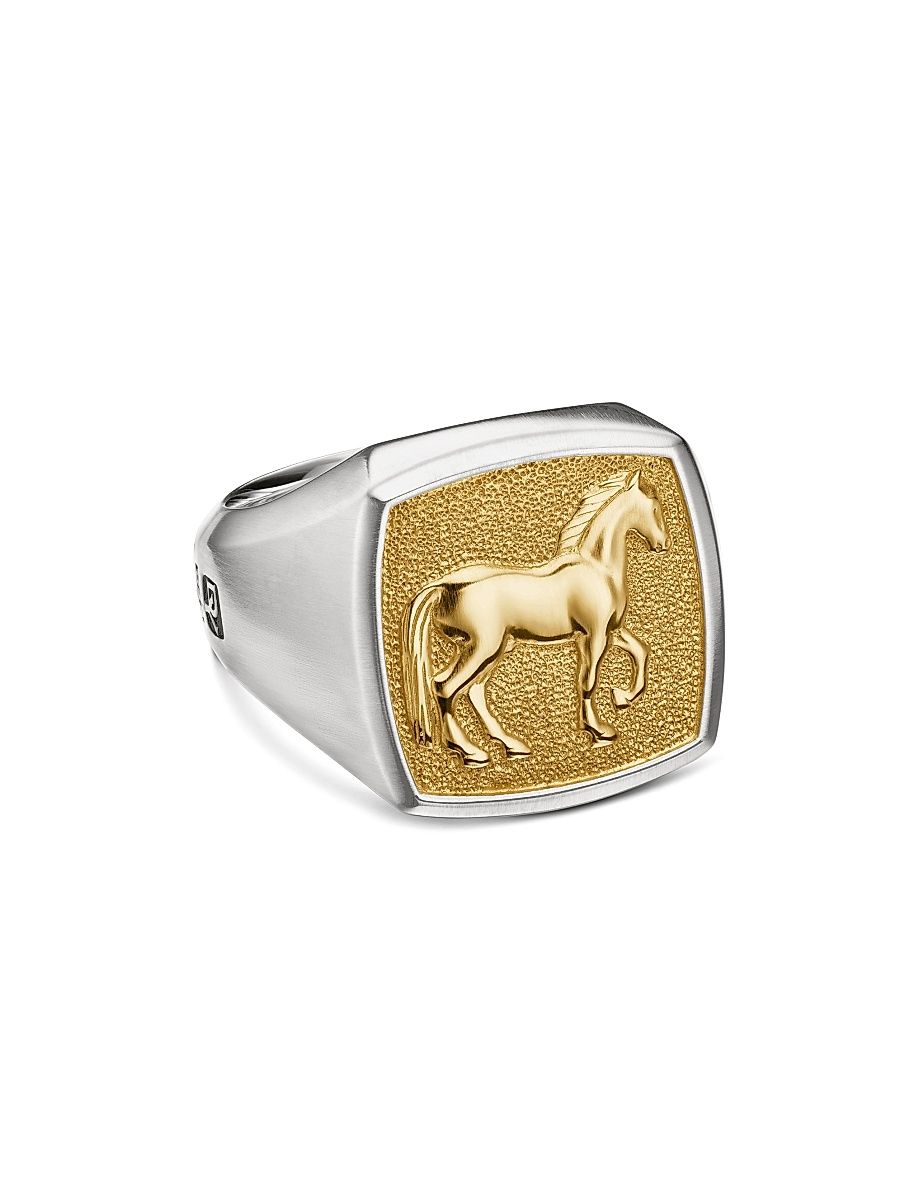Men's Petrvs Horse Signet Ring in Sterling Silver - Silvery Gold - Size 12