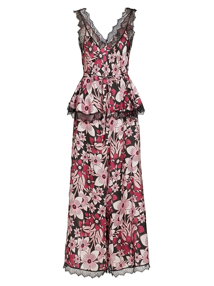 Women's Floral Silk Satin & Chiffon WIde-Leg Jumpsuit - Pink - Size 6