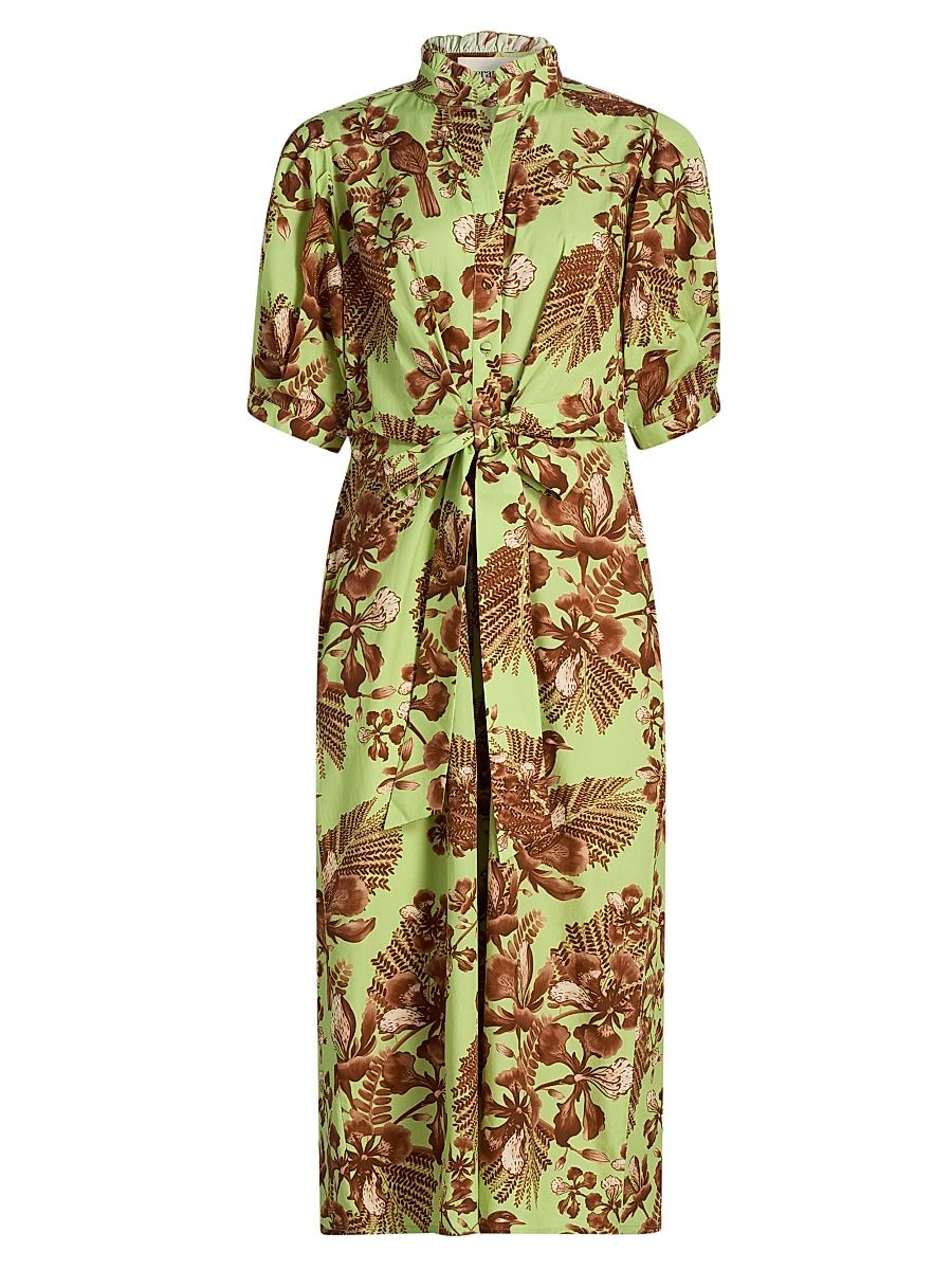 Women's Ammama Bird Print Cotton Shirtdress - Sage Green And Brown Gulmohar - Size XL
