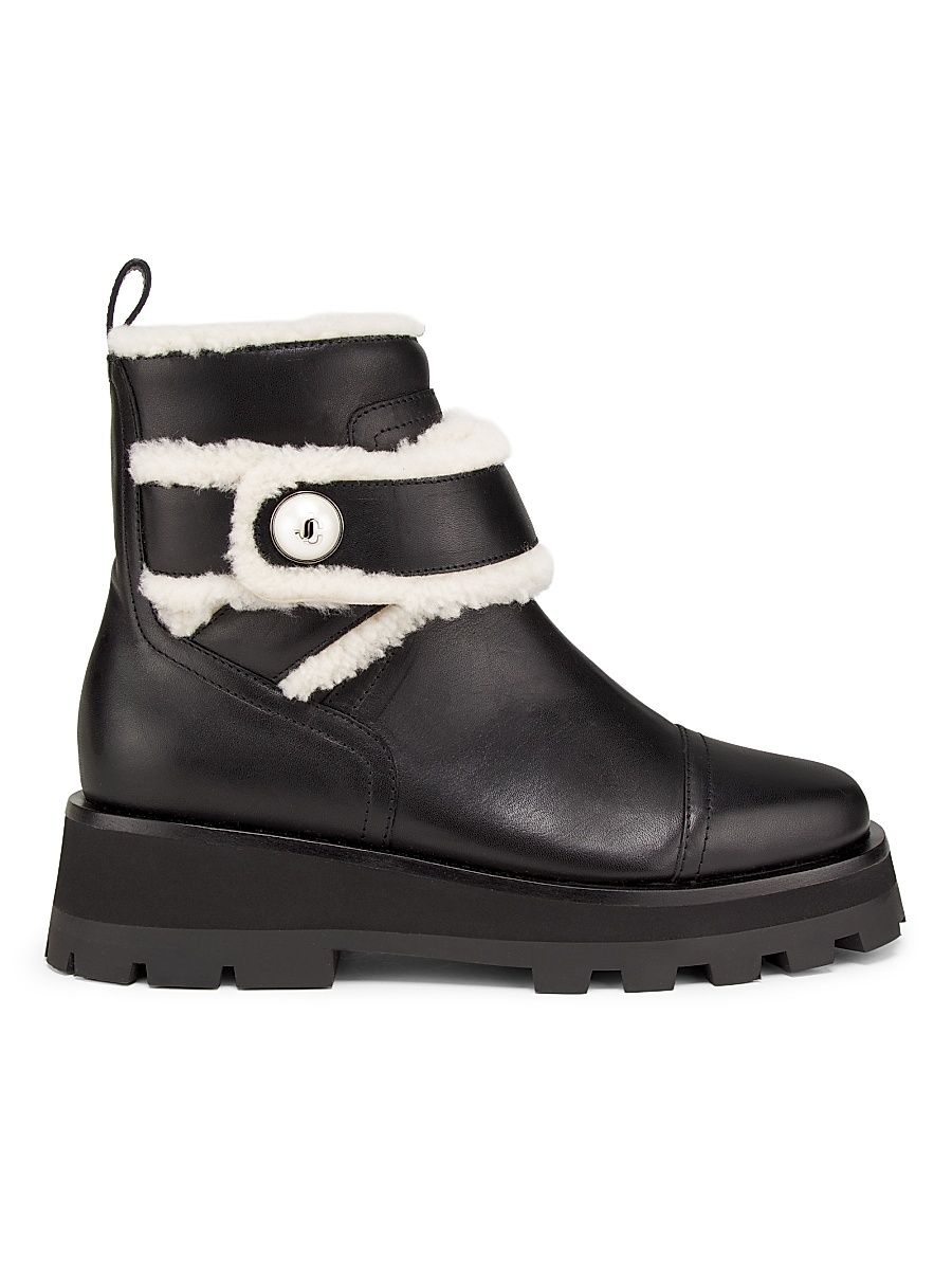 Women's Meena Leather Shearling Ankle Boots - Black Natural - Size 5.5