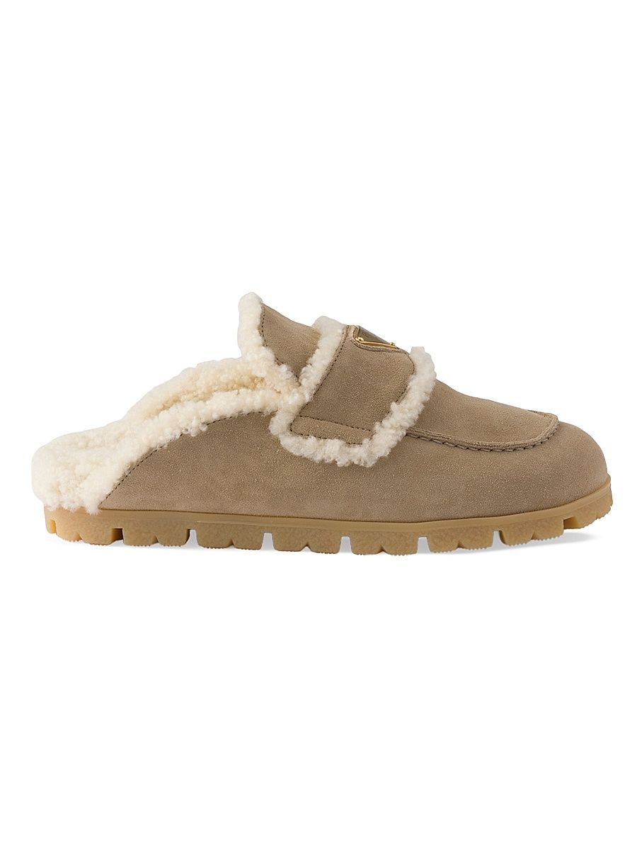Women's Suede and Shearling Mules - Beige Khaki - Size 9.5