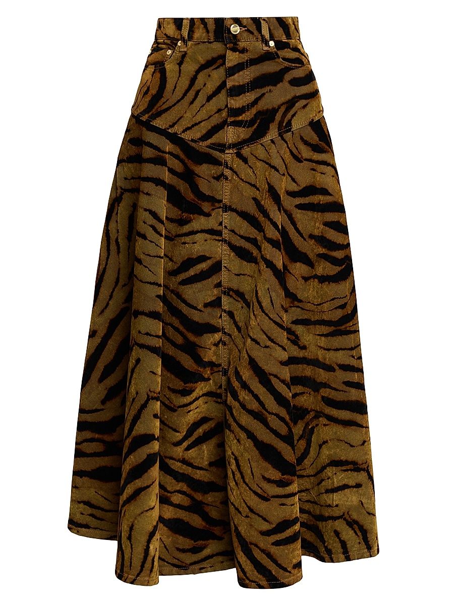 Women's Tiger-Print Denim Maxi Skirt - Animal Print - Size 14