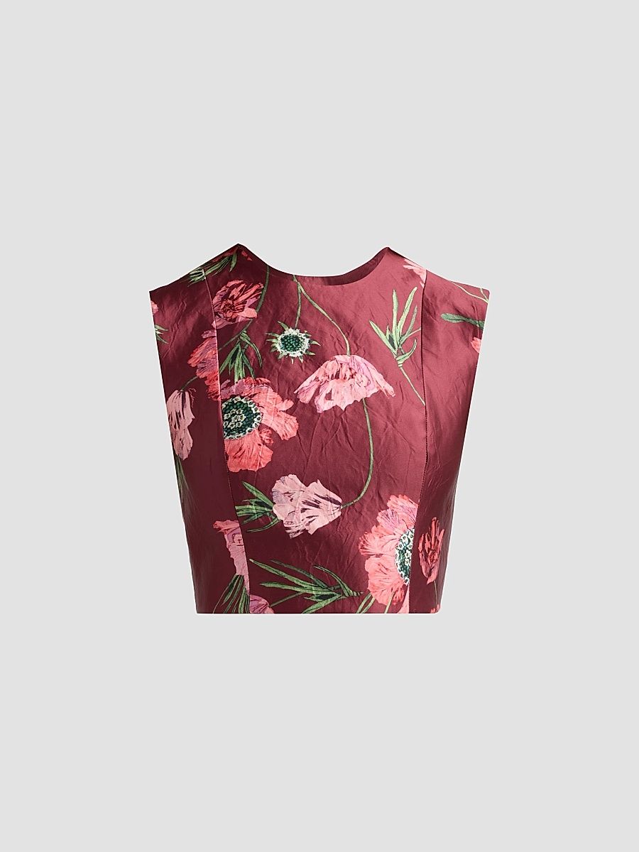 Women's Floral Textured Satin Crop Top - Ruby Red - Size 4