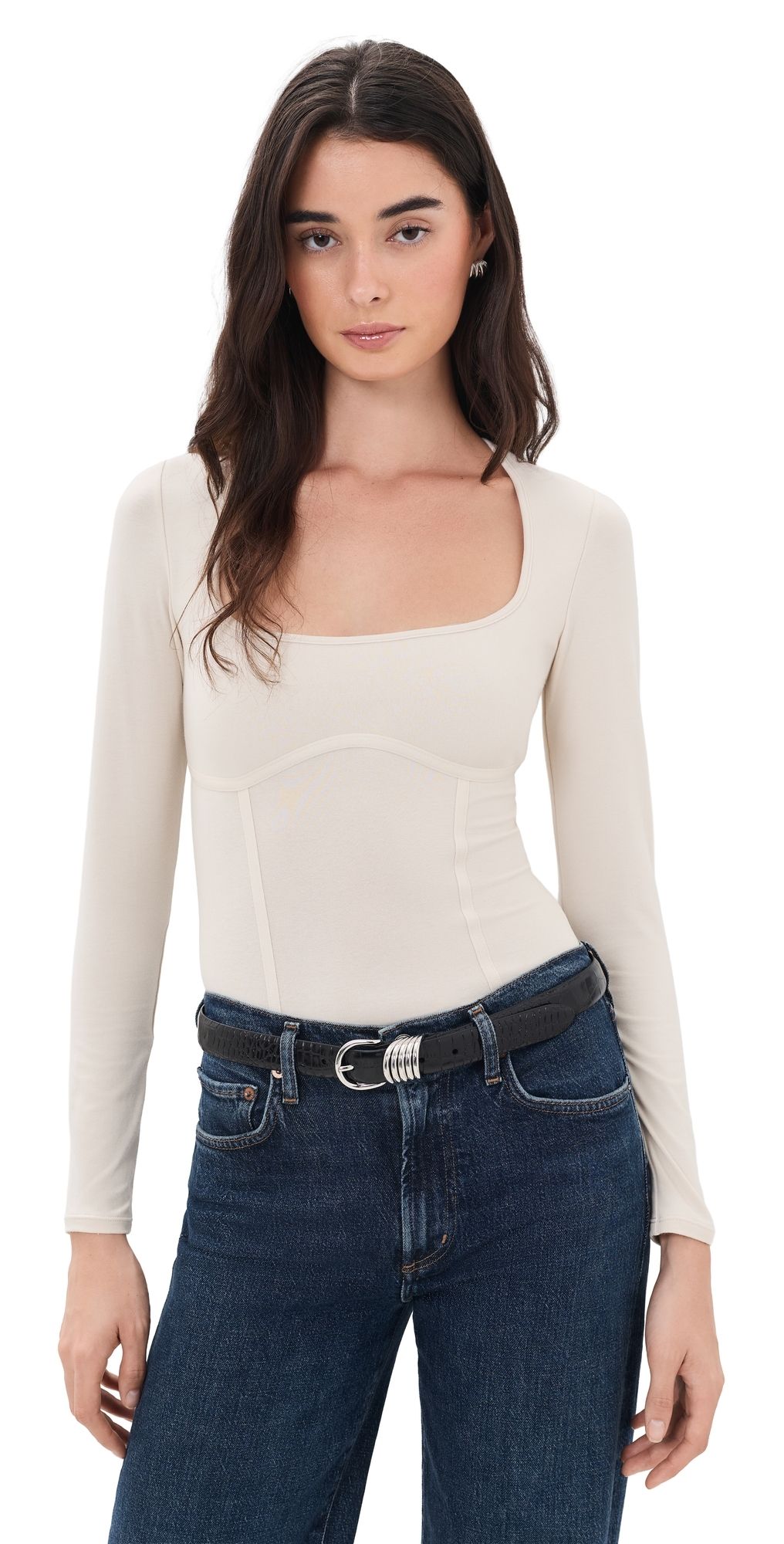 Fleur du Mal Scoop Neck Long Sleeve Thong Bodysuit Cream Pearl S