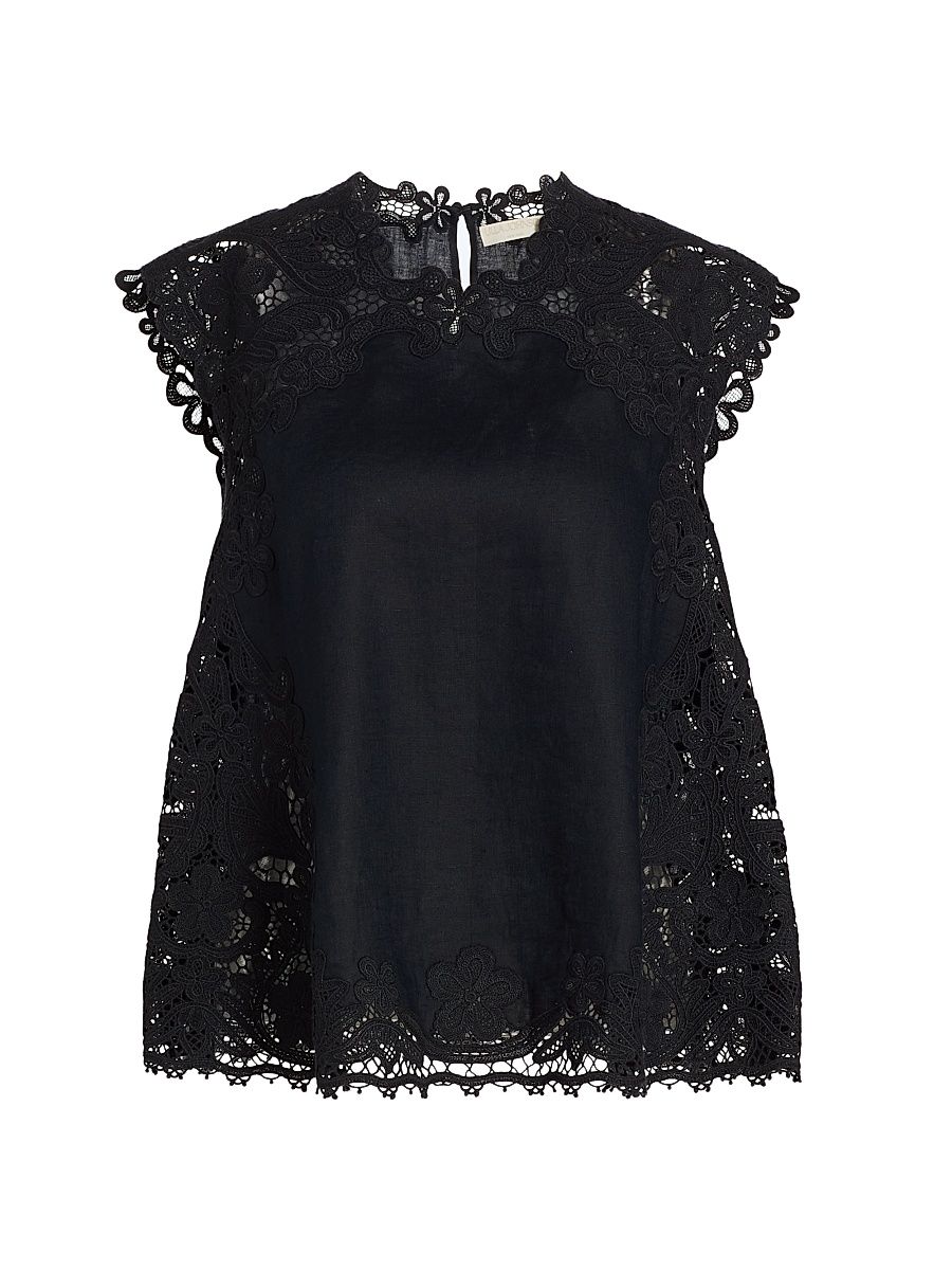 Women's Amelie Floral-Embroidered Linen Top - Noir - Size 8