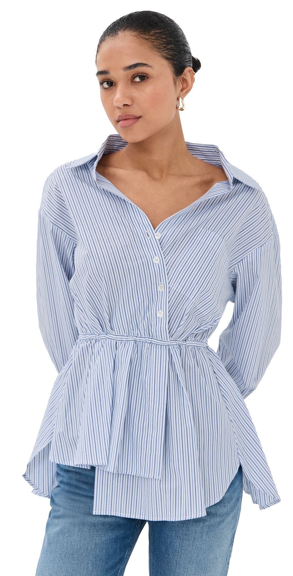 Rosie Assoulin Falling Off The Shoulder Shirt Blue Stripe XS