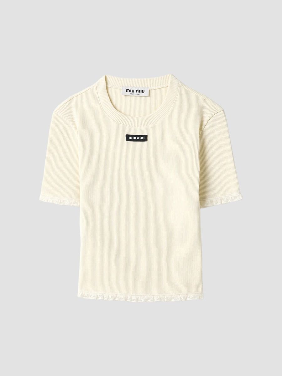Miu Miu Women's Ribbed Jersey T-Shirt - Beige Khaki - Size Small