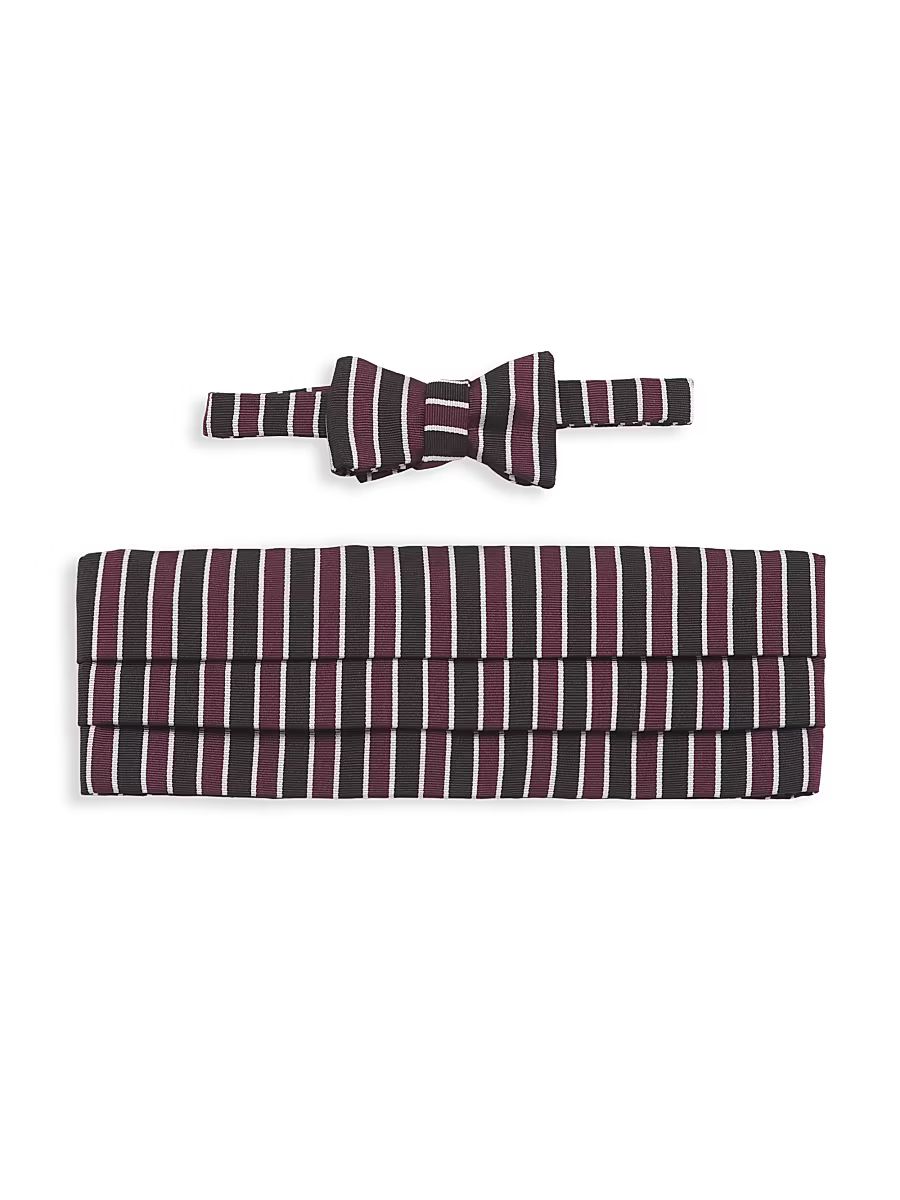 Men's Silk Striped Bow Tie & Cummerbund Set - Purple Black