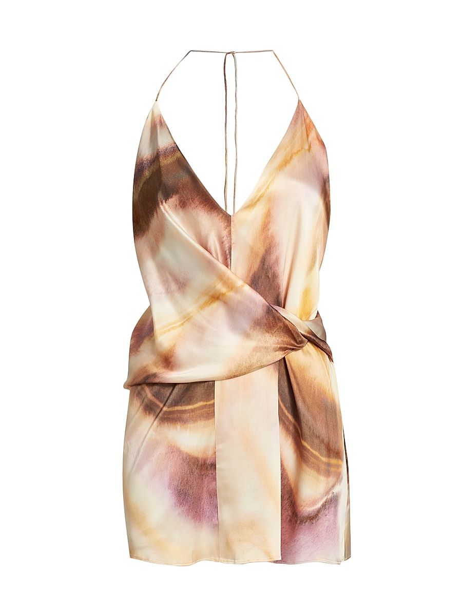 Women's Lacey Abstract Print Satin Tie-Waist Minidress - Copper Watercolour - Size 12
