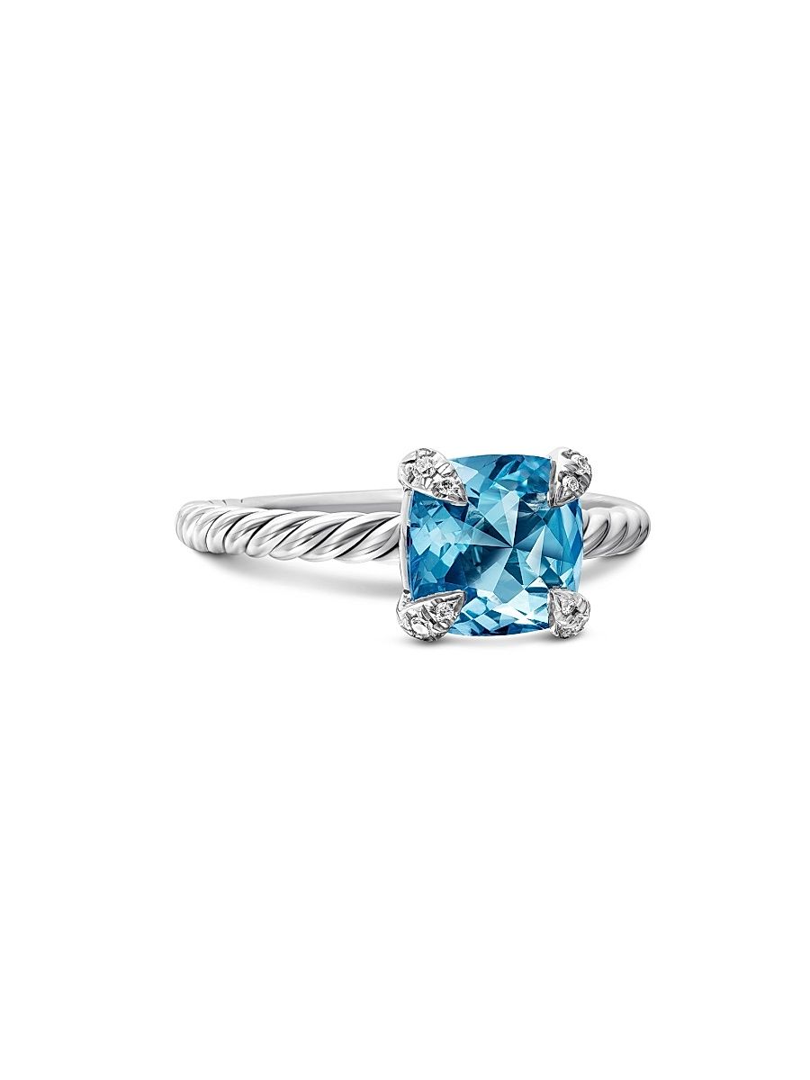 Women's Chatelaine Ring with Pavé Diamonds - Blue Topaz - Size 7