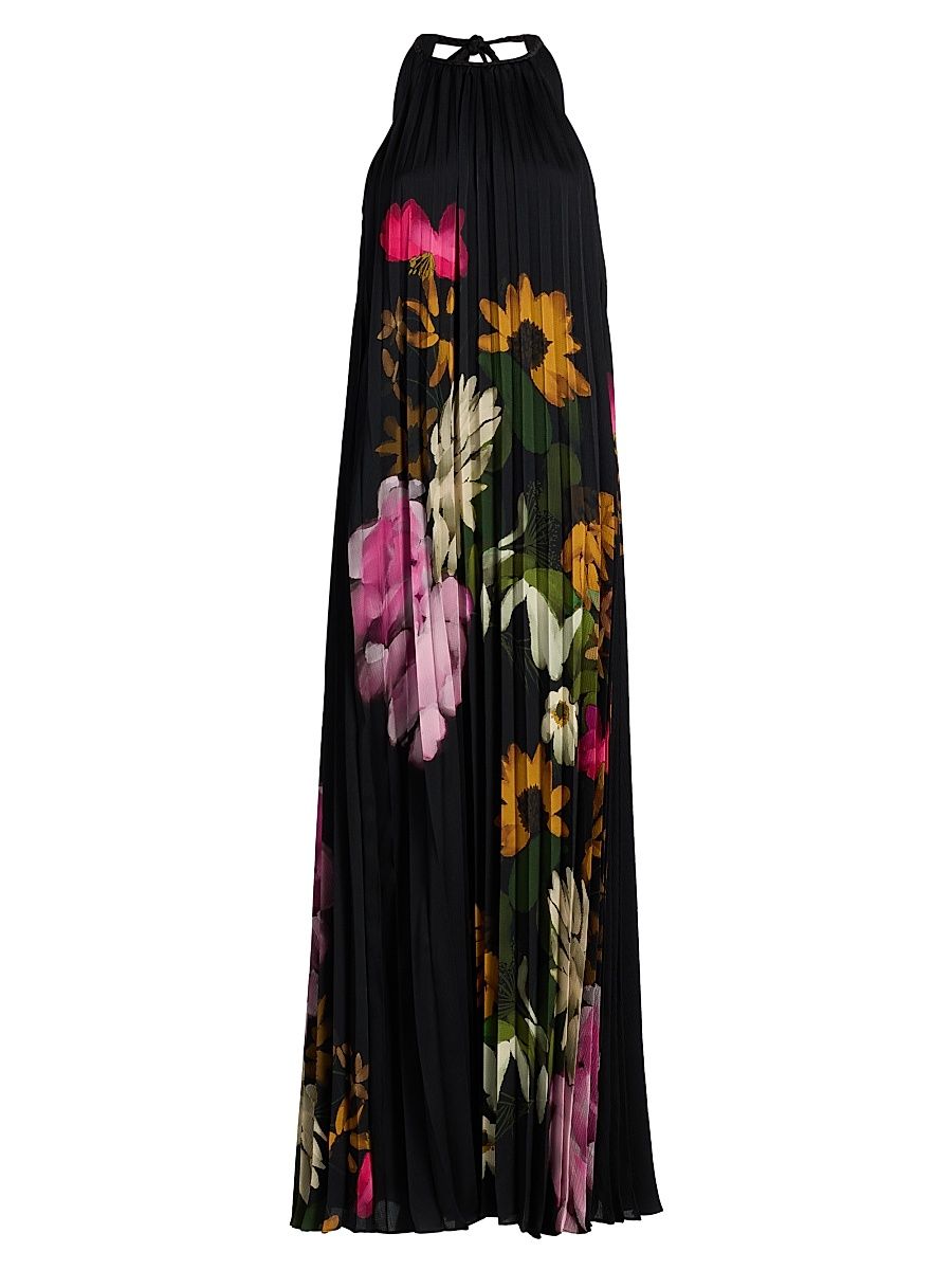 Women's Leona Floral Pleated Halter Maxi Dress - Black Multi - Size XL