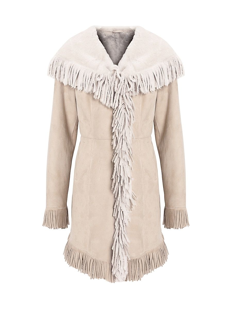 Women's Shearling Lamb Parka with Fringes - Cream - Size Large