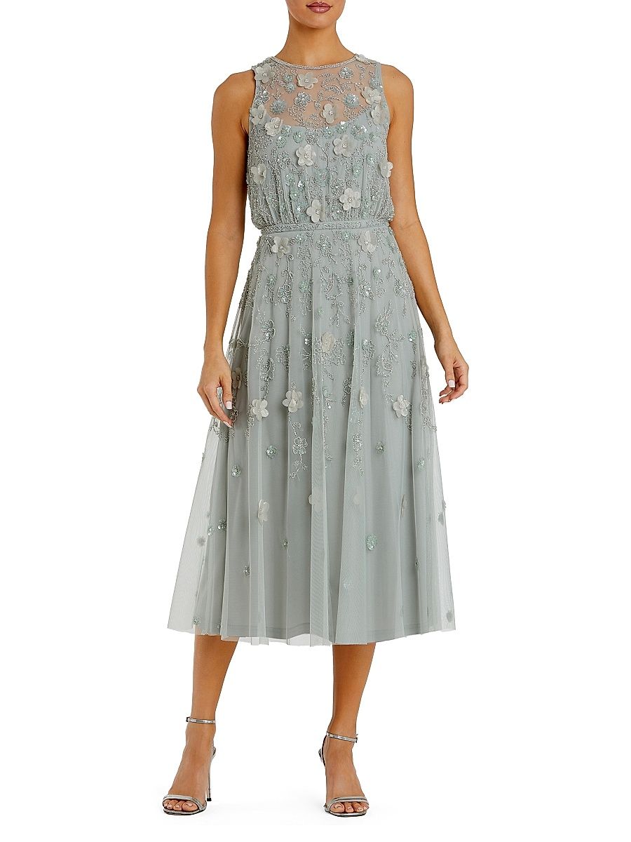 Women's Floral Embellished Mesh A-Line Midi-Dress - Sage - Size 2