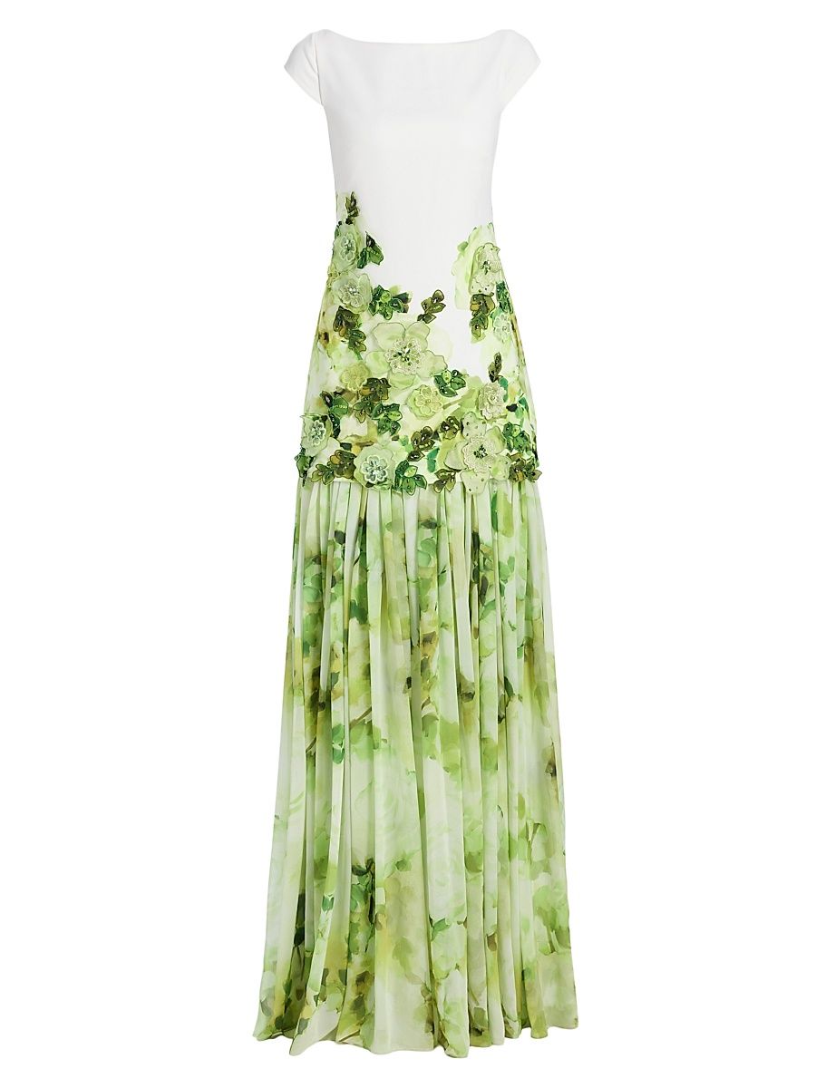 Women's Floral Appliqué Drop-Waist Gown - Lime Multi - Size 16