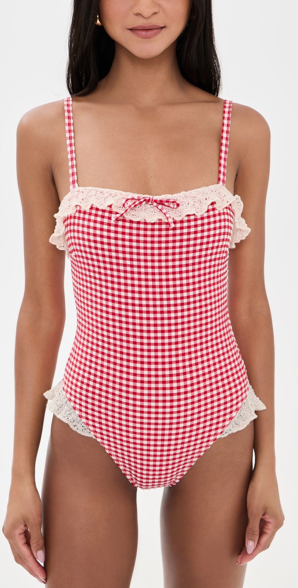 Montce Micro Gingham Jacelyn Ruffle One Piece Red Micro Gingham L