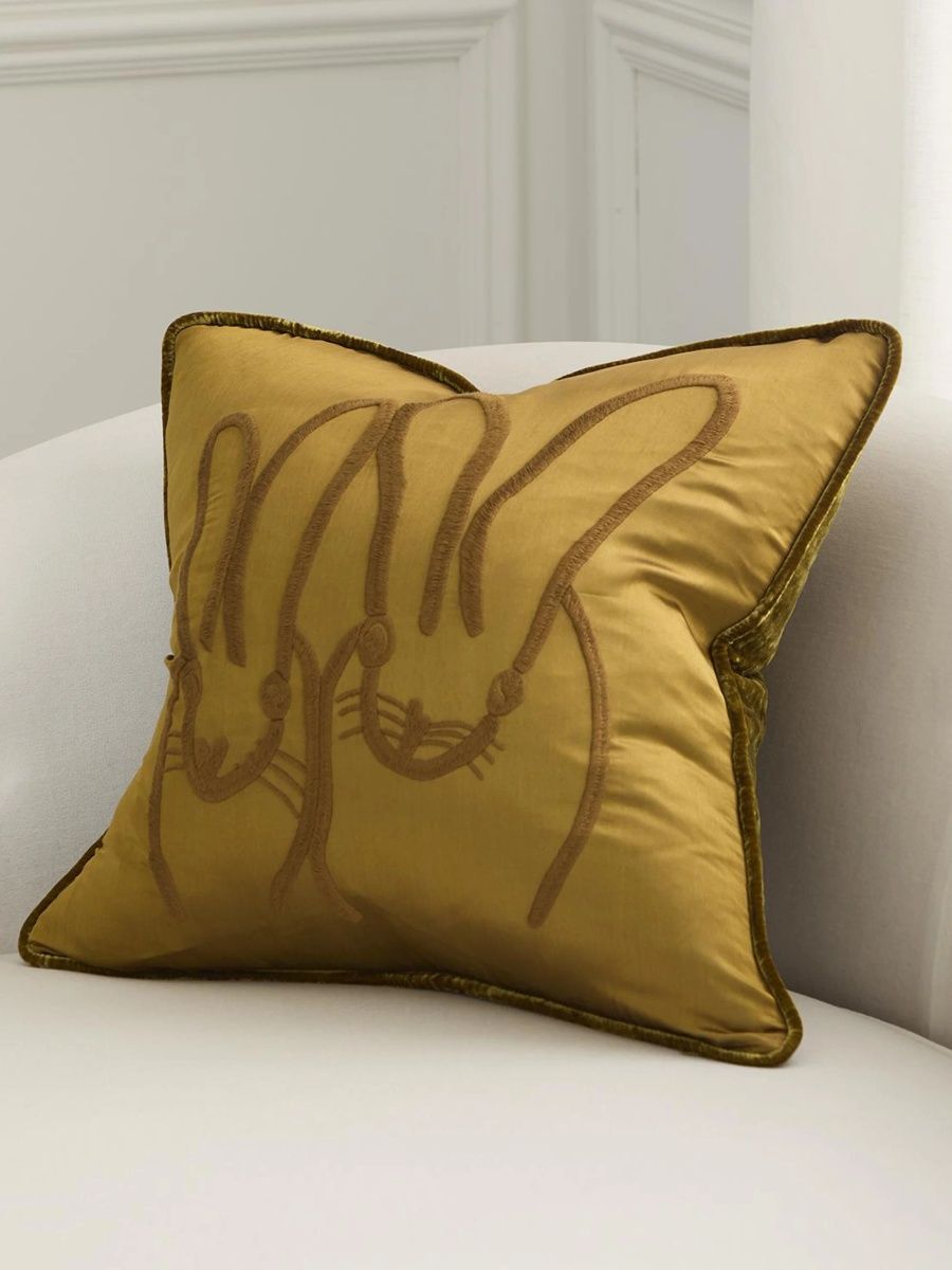 Hunt Slonem Hand-Embroidered Bunny Silk & Velvet Pillow - Olive