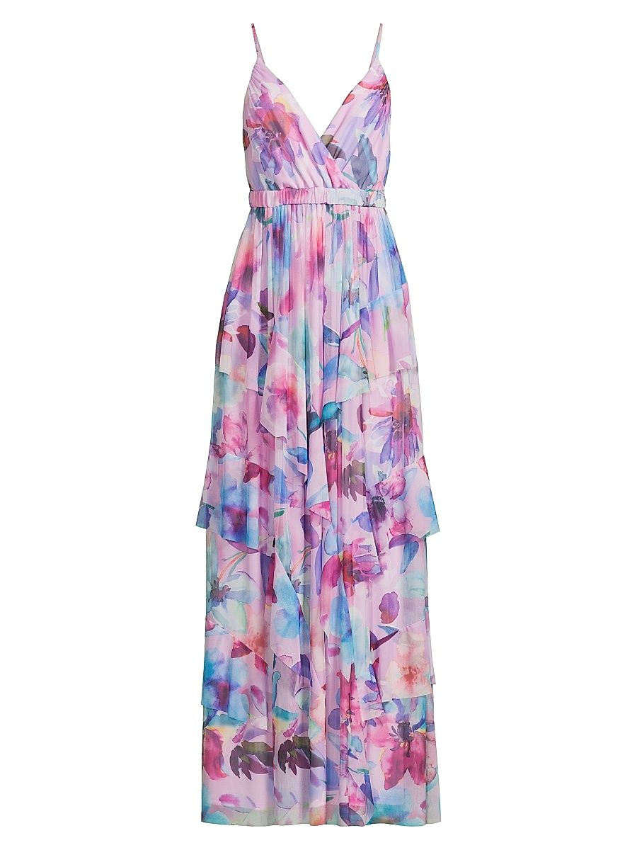 Women's Zoey Floral Mesh Ruffle Maxi Dress - Pink Multi - Size 14