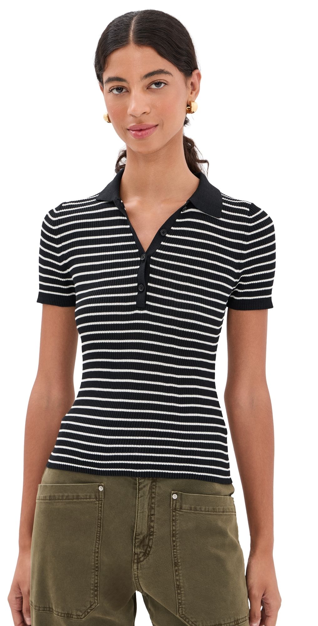 Nili Lotan Fenna Stripe Polo Black/Thin Ivory Stripe XS