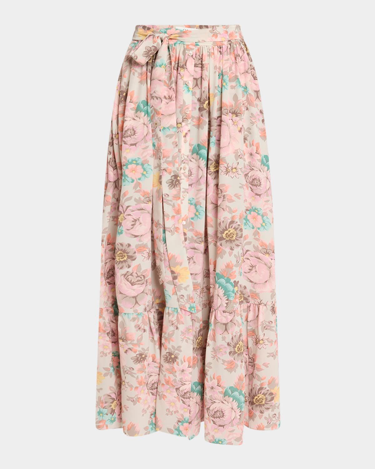 Belted Floral-Print Silk Maxi Skirt