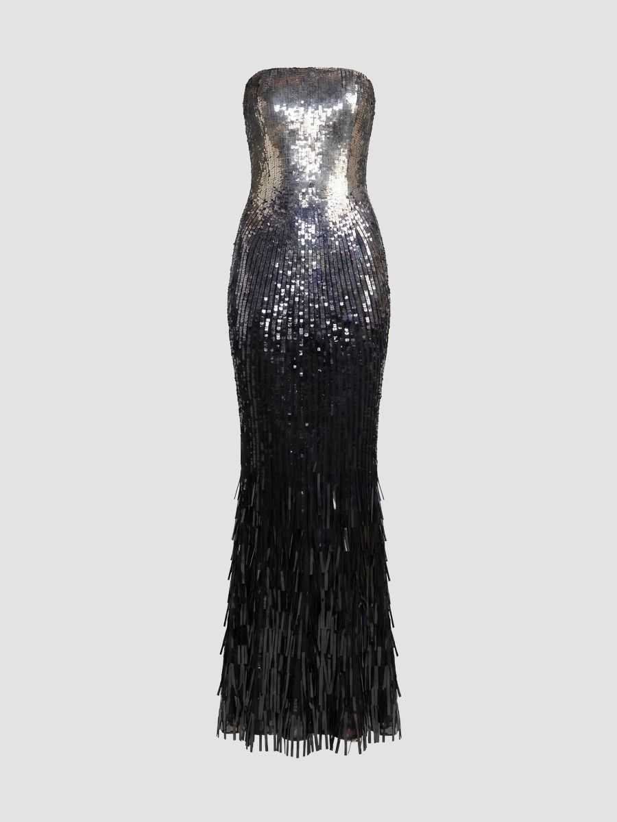 Mac Duggal Women's Embellished Mesh Strapless Fringe Gown - Silver Black - Size 14
